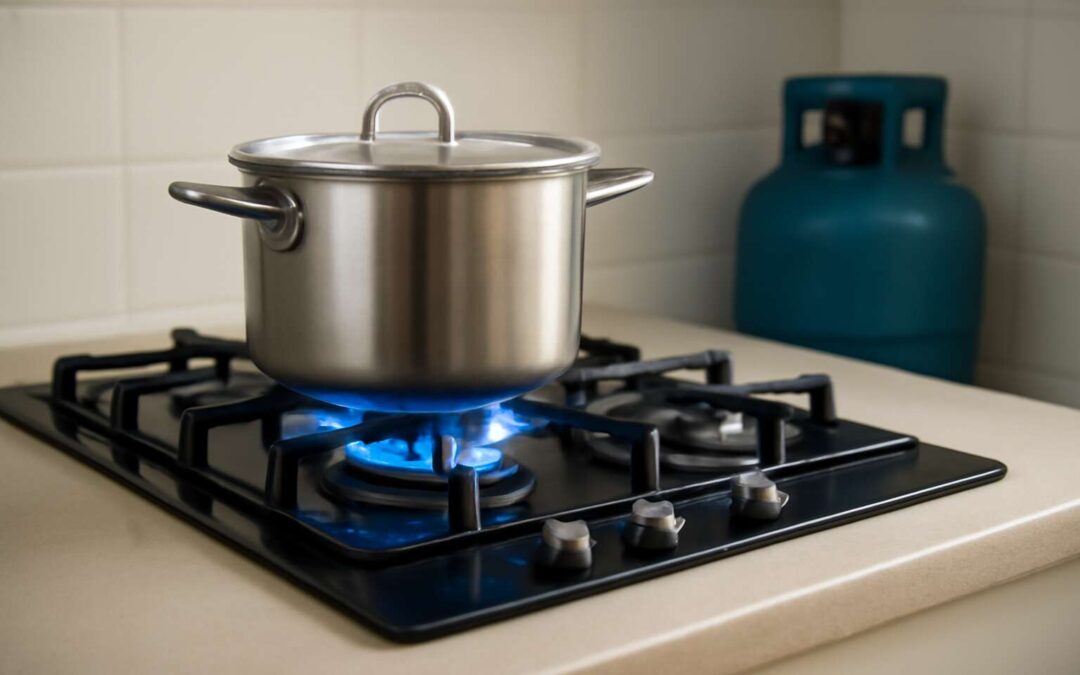 Portable, safe & powerful: gas stove with gas bottle for on-the-go meals.